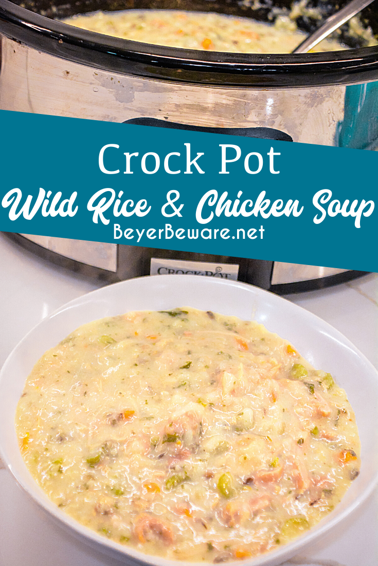 Crockpot creamy chicken and wild rice soup recipe is made with long grain and wild rice, celery, carrots, onions, chicken, and milk to form a cream based chicken soup.