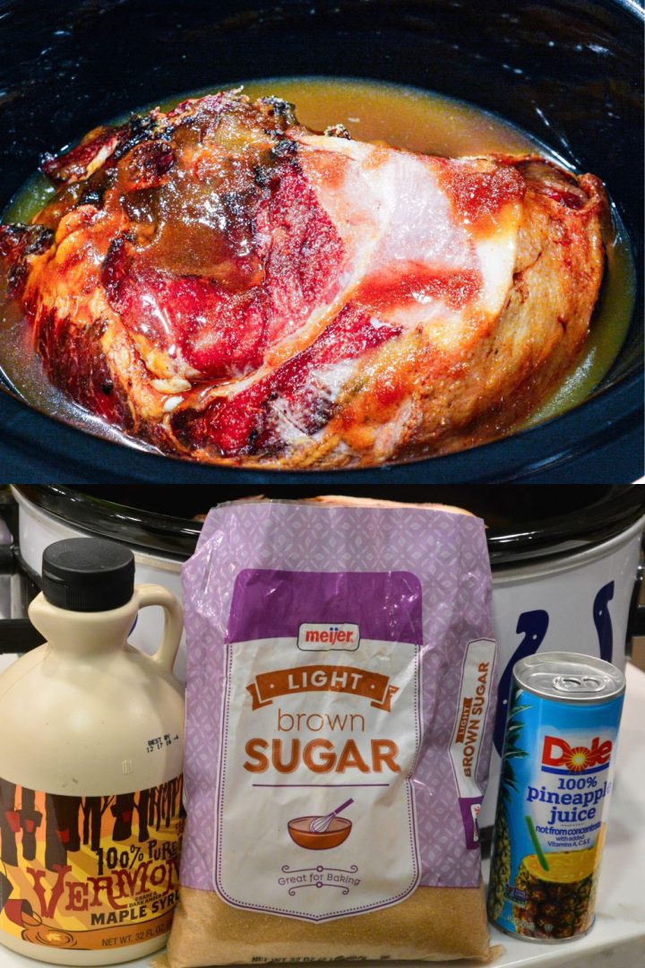 Crock Pot Holiday Ham is slow cooked in brown sugar, maple syrup, and pineapple juice making this crock pot maple ham perfect for the Thanksgiving or Christmas dinner table.