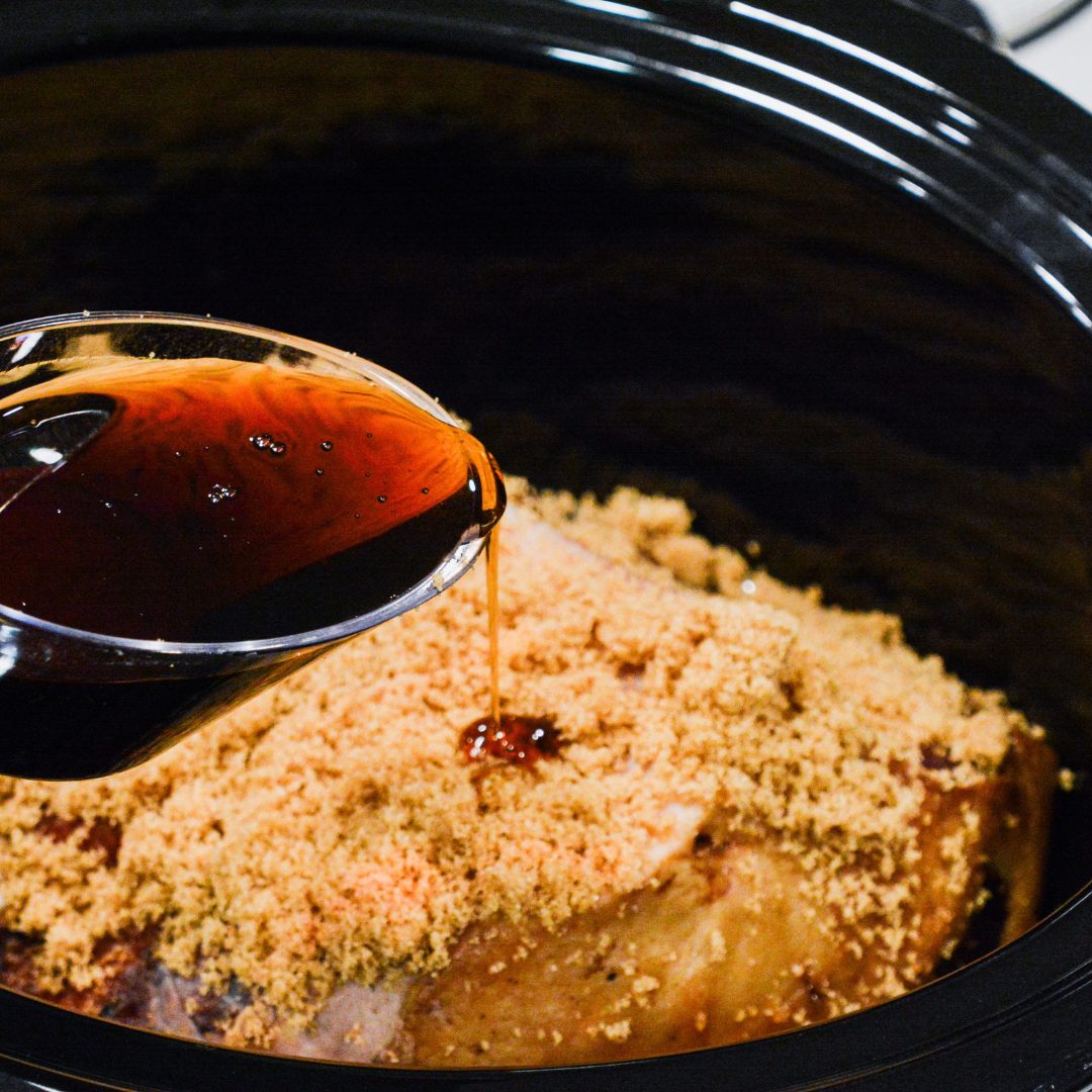 Cover the ham with about ½ cup of brown sugar and then pour ½ cup of REAL maple syrup over top. 