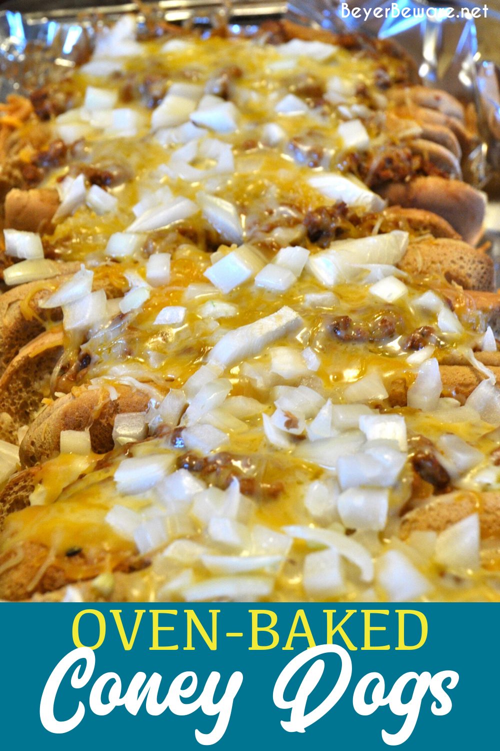 Oven-baked Coney dogs are the best way to use up leftover sloppy joes or chili. Grab some buns, hot dogs, chili, cheese, and onions for amazing coney dogs.