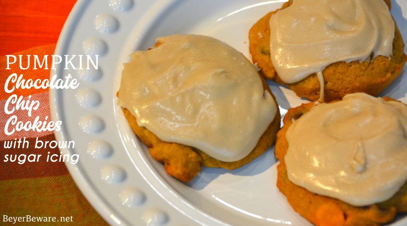 Pumpkin chocolate chip cookies are a made from scratch chocolate chip cookie with real pumpkin in the cookie dough and then topped with brown sugar icing on top!