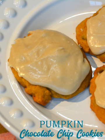 Pumpkin chocolate chip cookies are a made from scratch chocolate chip cookie with real pumpkin in the cookie dough and then topped with brown sugar icing on top!