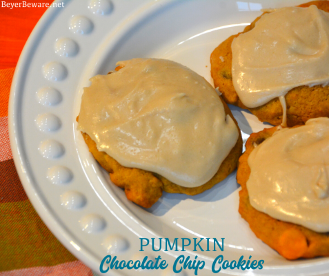 Pumpkin chocolate chip cookies are a made from scratch chocolate chip cookie with real pumpkin in the cookie dough and then topped with brown sugar icing on top!