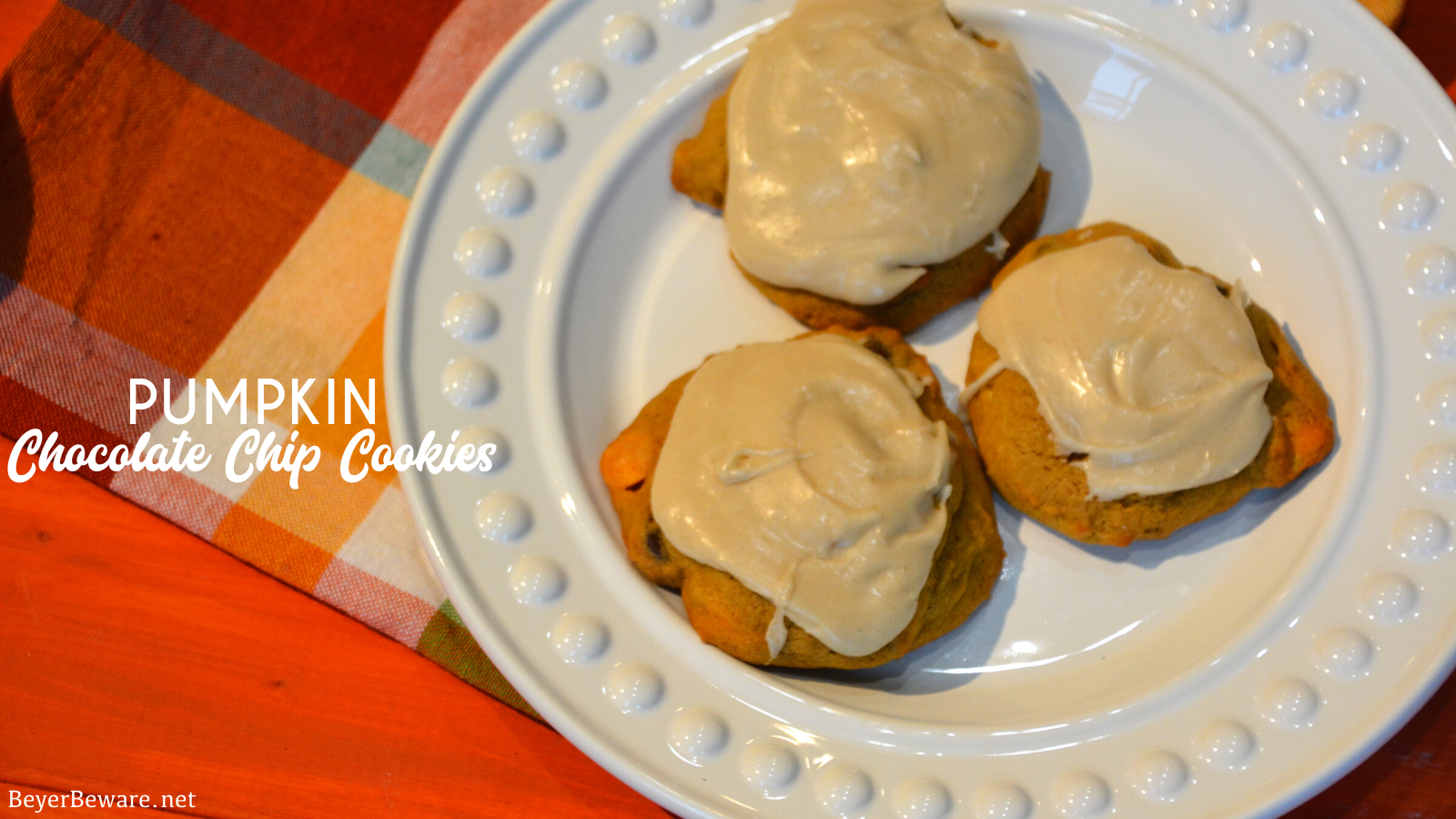 Pumpkin chocolate chip cookies are a made from scratch chocolate chip cookie with real pumpkin in the cookie dough and then topped with brown sugar icing on top!