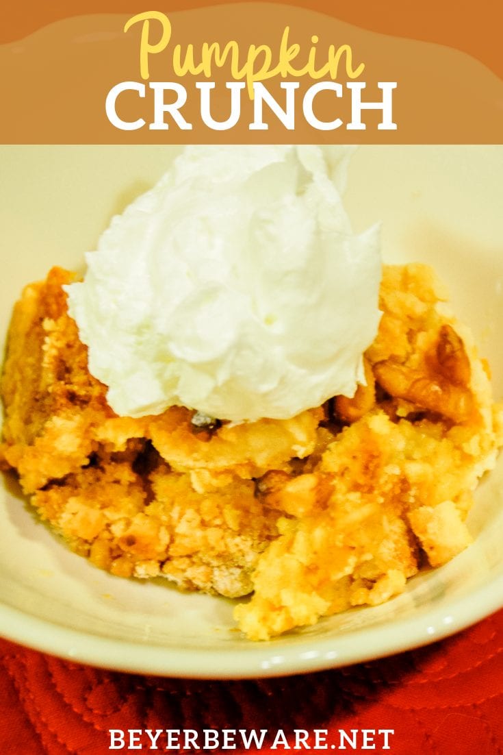 This pumpkin crunch recipe, aka pumpkin dump cake, is an easy recipe that takes 5 minutes to mix together and ready in under an hour. Every pumpkin lover will beg you for the recipe.