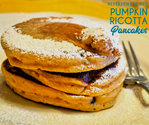 Pumpkin ricotta pancakes are a fluffy, pancake with all the fall flavors with both real pumpkin and ricotta in the batter with lots of fall spices. Add chocolate chips to make them even more decadent.