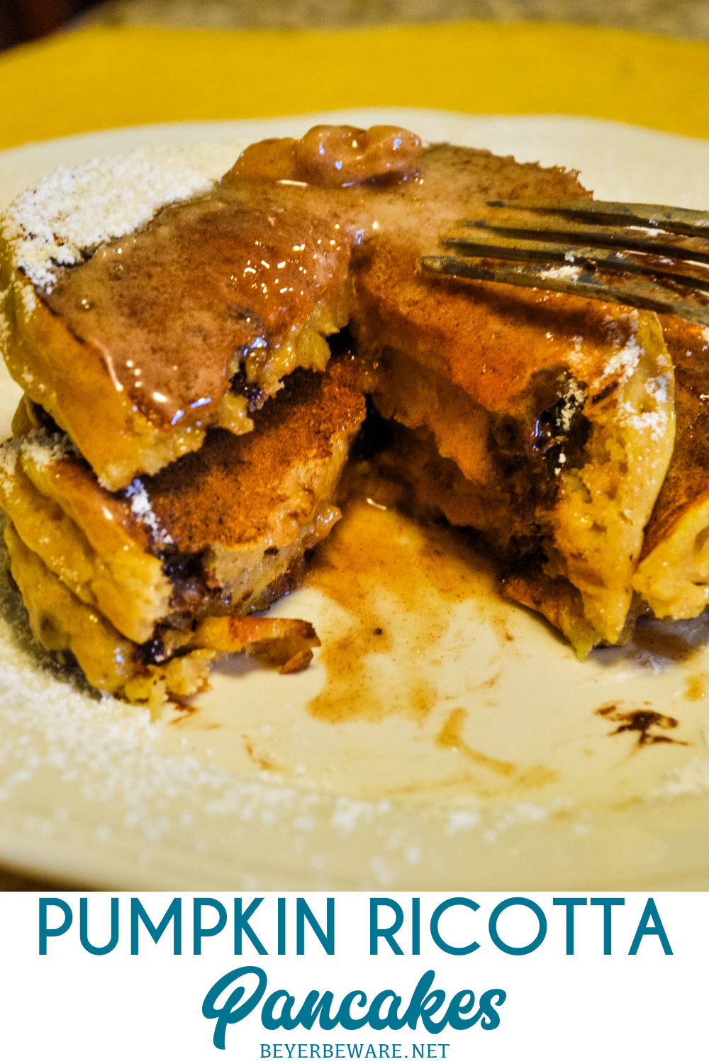 Pumpkin ricotta pancakes are a fluffy, pancake with all the fall flavors with both real pumpkin and ricotta in the batter with lots of fall spices. Add chocolate chips to make them even more decadent.