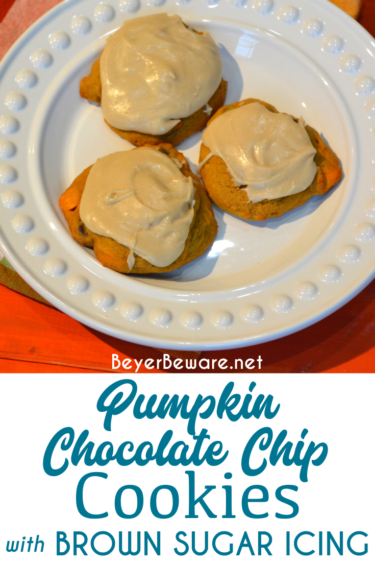 Pumpkin chocolate chip cookies are a made from scratch chocolate chip cookie with real pumpkin in the cookie dough and then topped with brown sugar icing on top!