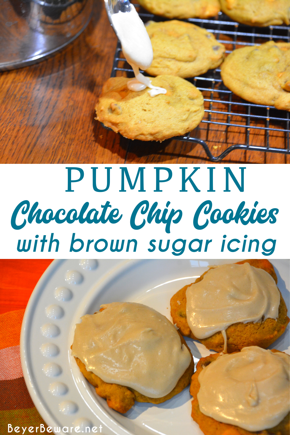 Pumpkin chocolate chip cookies are a made from scratch chocolate chip cookie with real pumpkin in the cookie dough and then topped with brown sugar icing on top!