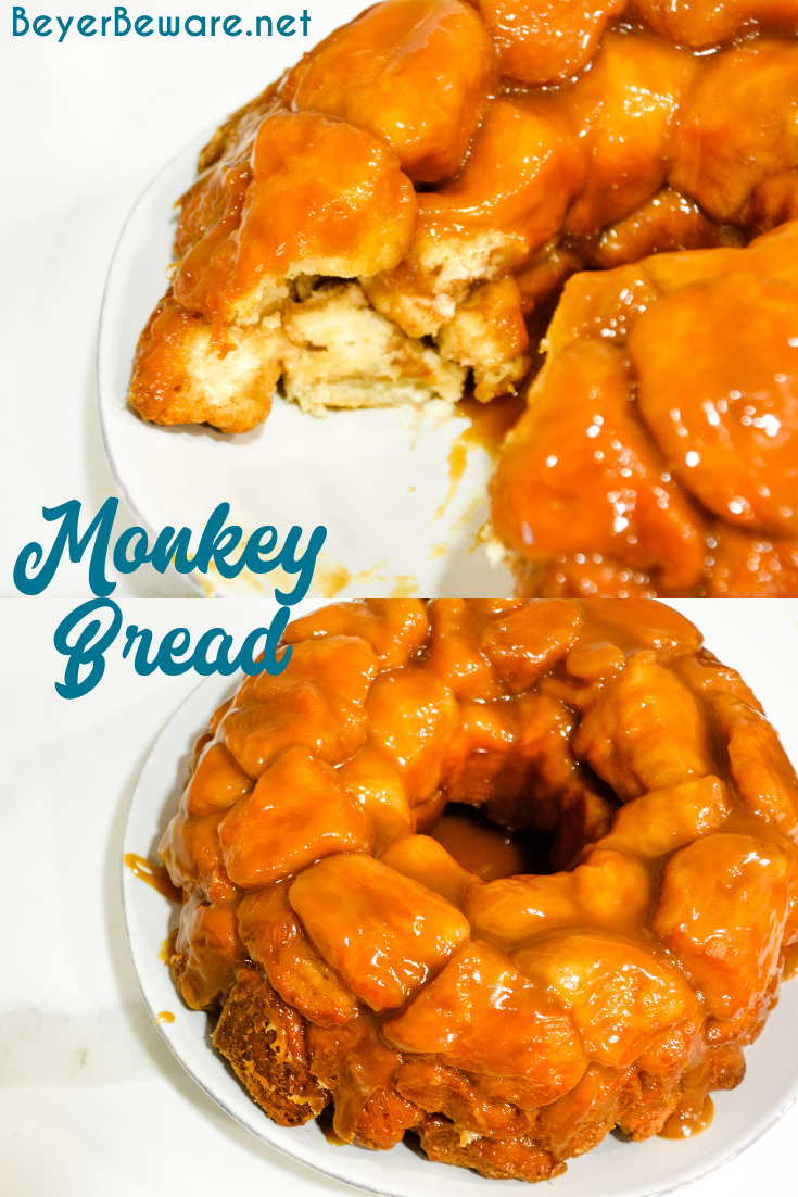 Monkey bread is a caramel pull-apart bread made with Grands biscuits, butter, sugar, and cinnamon then baked in a bundt cake pan for a gooey breakfast bread.