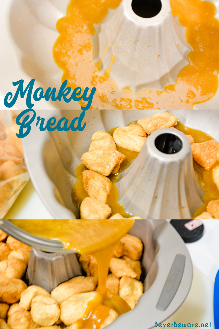 Monkey bread is a caramel pull-apart bread made with Grands biscuits, butter, sugar, and cinnamon then baked in a bundt cake pan for a gooey breakfast bread.