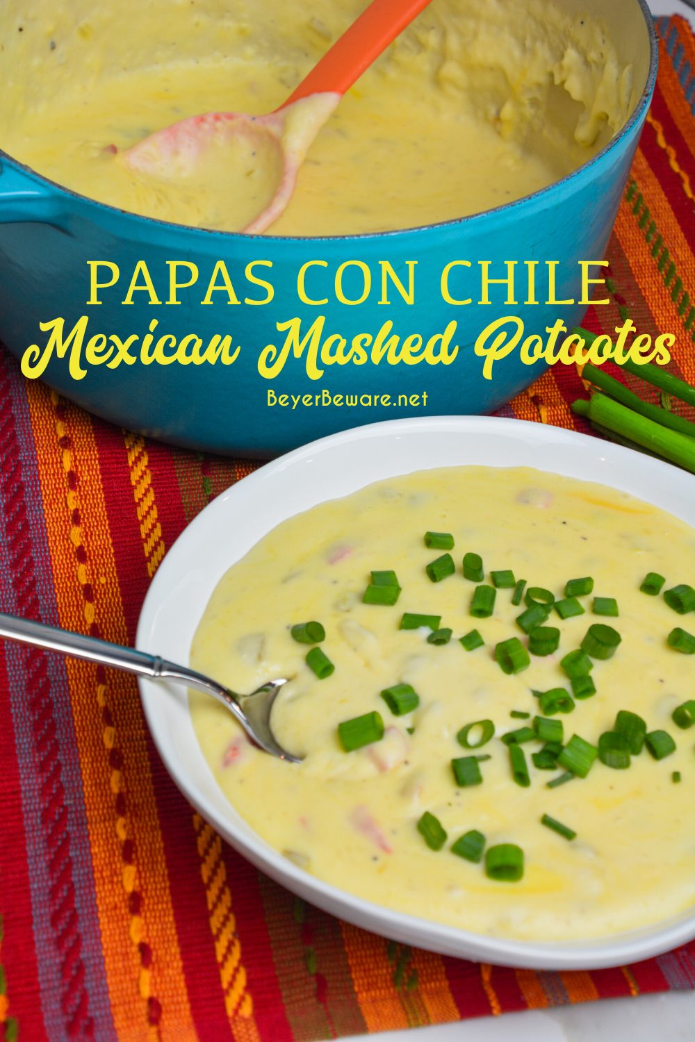 Mexican mashed potatoes are the copycat recipe of Abuelo's papa con chile made with mashed potatoes, garlic, peppers, green chiles, sour cream, onions, and cheese.