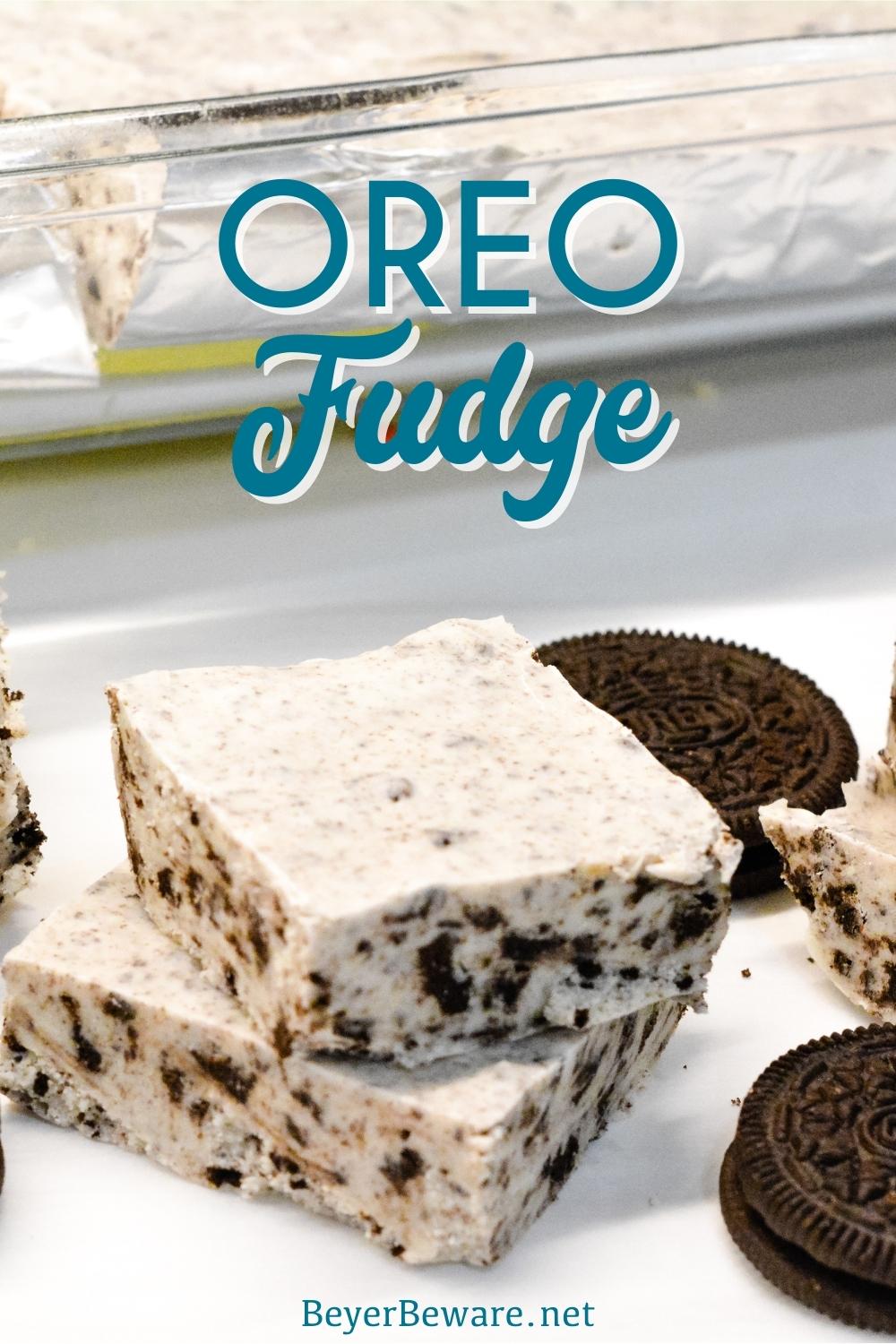 Oreo fudge made with crushed Oreo cookies, marshmallow cream, white chocolate chip and sweetened condensed milk for a cookies and cream fudge.