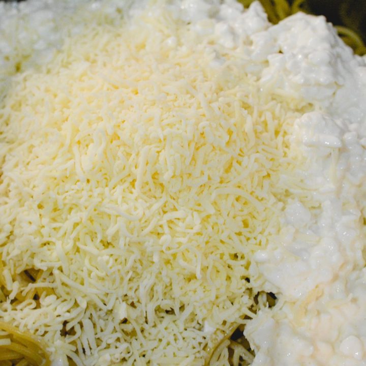 put the spaghetti in a large bowl and add one egg, one cup of cottage cheese, one cup of mozzarella and a half a cup of Parmesan cheese.