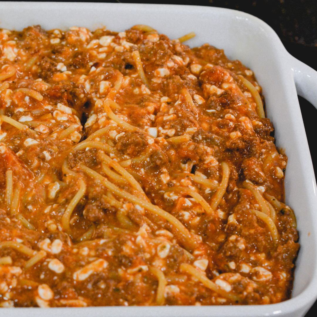 Pour the spaghetti mixture all into a large casserole baking dish or 13 x 9 pan.