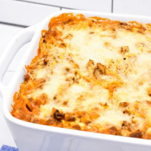 Baked spaghetti is oven baked at 350 degrees for 30 minutes.