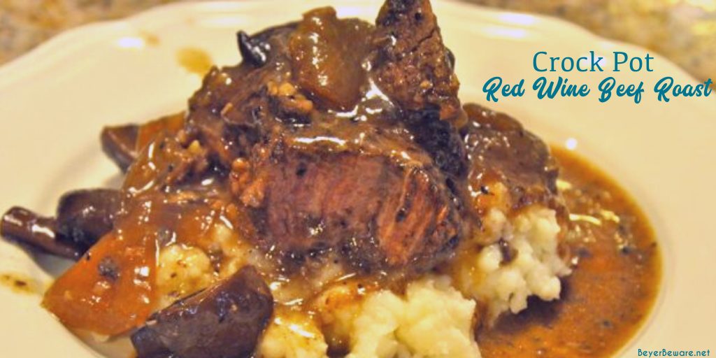 Red wine crock pot beef roast is a juicy, flavorful beef roast thanks to pan-searing the beef roast, caramelized onions and mushrooms then cooked in red wine.