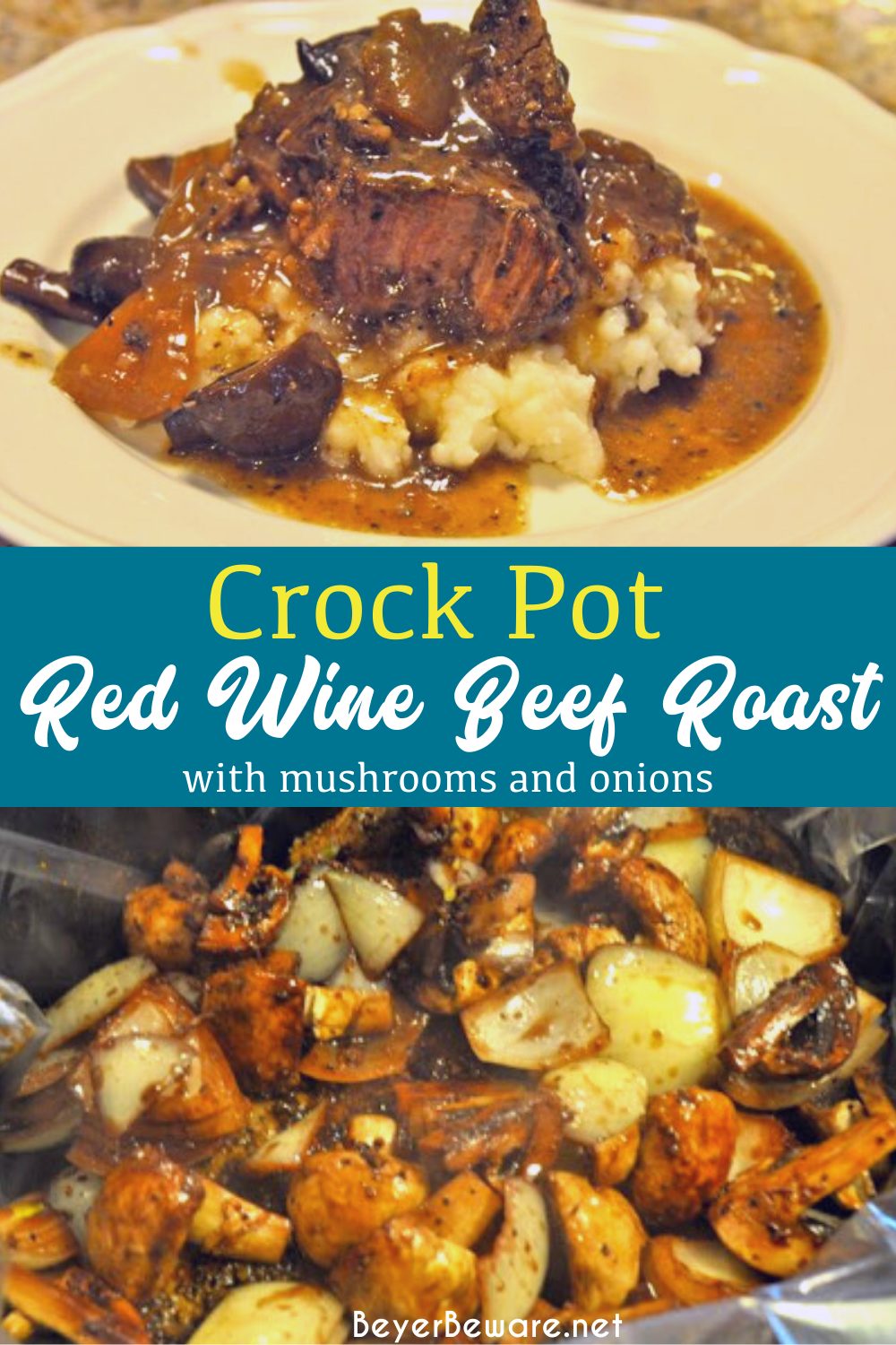 Red wine crock pot beef roast is a juicy and flavorful beef roast thanks to a quick pan-sear on the beef roast and with caramelized onions and mushrooms then slow-cooked in red wine all day. 