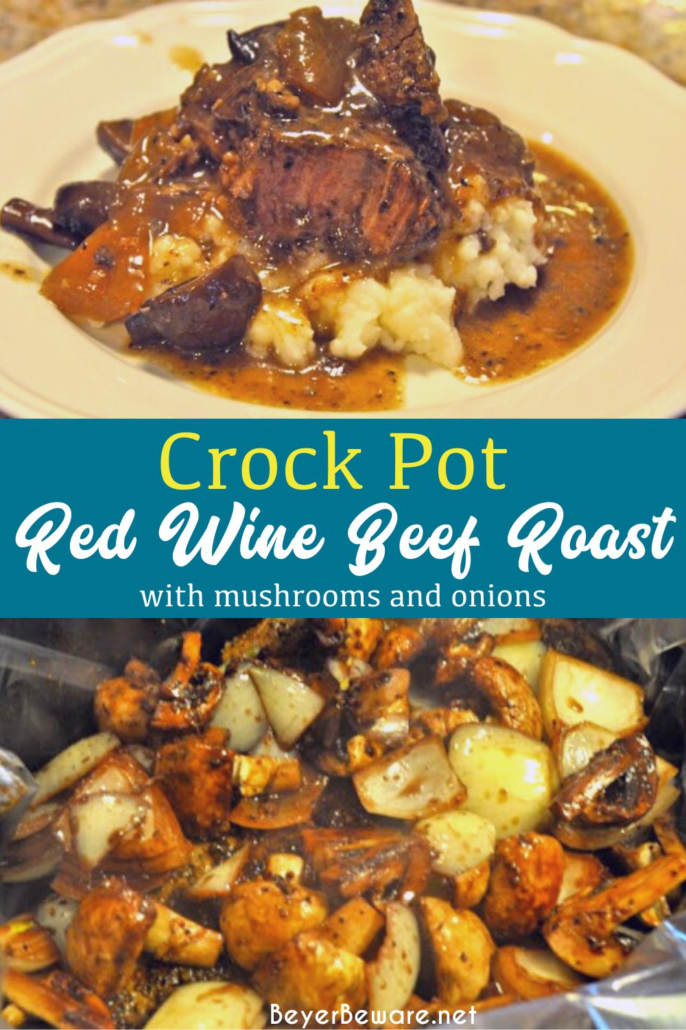 Red wine crock pot beef roast is a juicy and flavorful beef roast thanks to a quick pan-sear on the beef roast and with caramelized onions and mushrooms then slow-cooked in red wine all day.