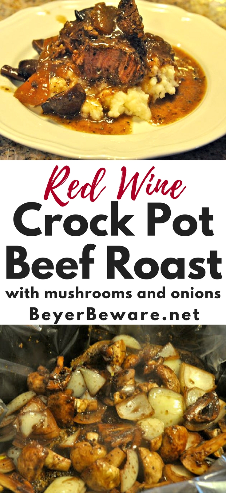 This red wine crock pot beef roast with mushrooms and onions recipe combines great flavors of red wine, and onions for a super tender and juicy beef roast when you get home at the end of the day.