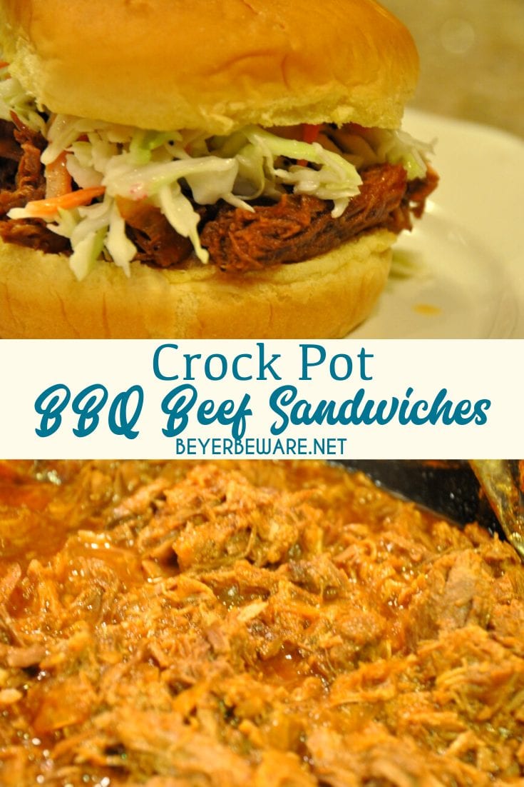 Crock Pot BBQ Beef sandwich recipe is a great way to use a beef roast with a tomato-based BBQ beef sandwich slow cooked all day for tender and flavor. #BBQ #BeefRoast #CrockPot #Beef #Slowcooker