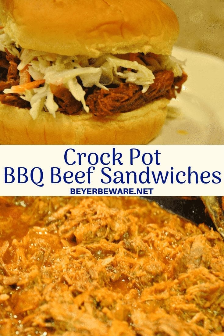 Crock Pot BBQ Beef sandwiches are a great way to use a beef roast with a tomato based BBQ beef sandwich slow cooked all day for tender and flavor. #CrockPot #BBQ #Beef #BBQBeef #Barbecue #ShreddedBeef #CrockPotMeals
