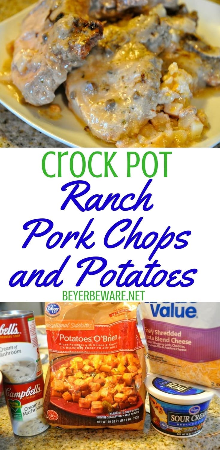 Crock pot ranch pork chops and potatoes recipe is a cheesy and flavorful pork chop recipe that combines hashbrowns, sour cream, cheese, and ranch seasoning with pork chops. #crockpot #PorkChops #CrockPotRecipes