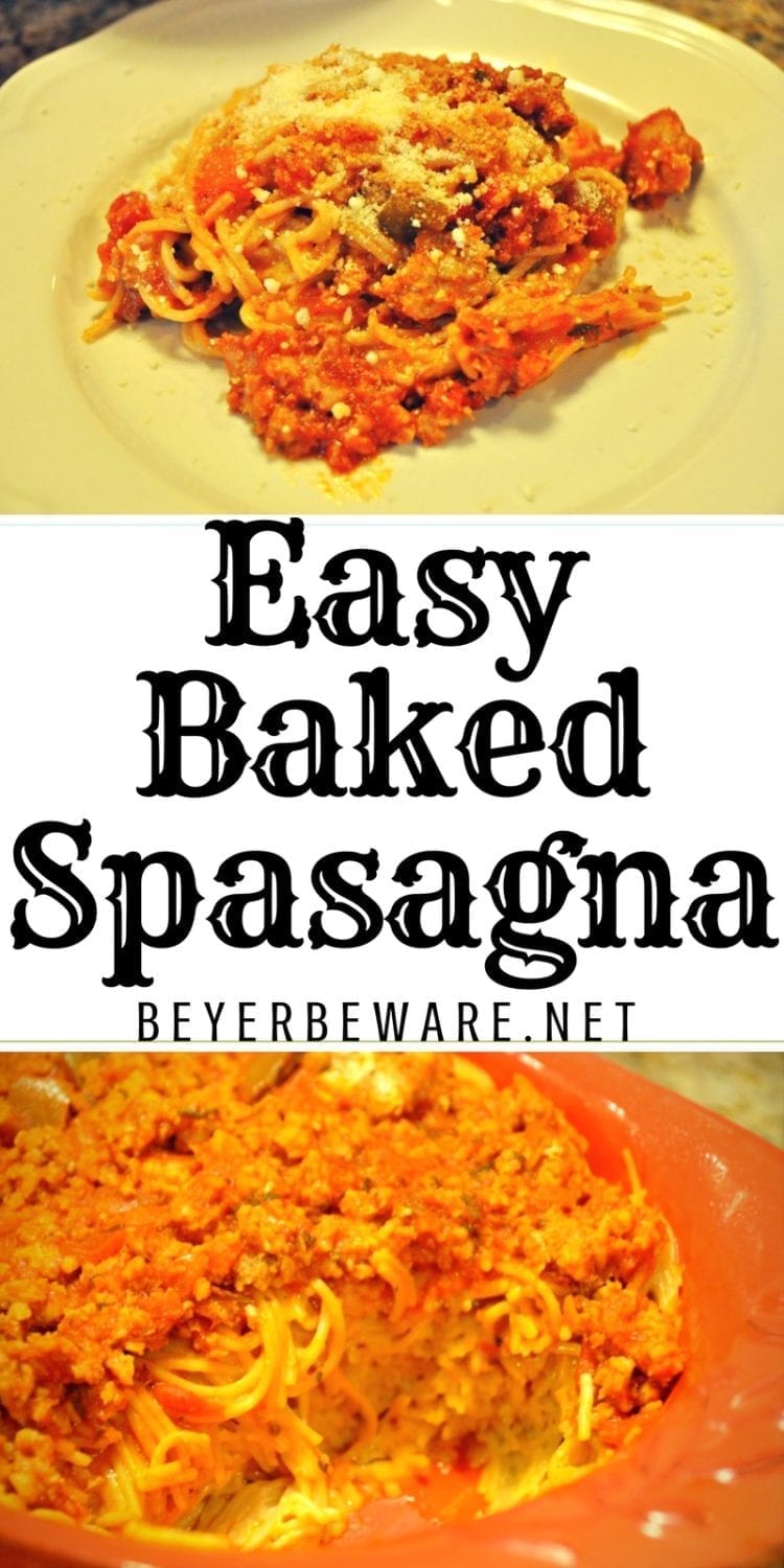 Easy Spasagna is the combination of spaghetti and lasagna forming a cheesy, baked pasta dish topped with hearty meat sauce. 