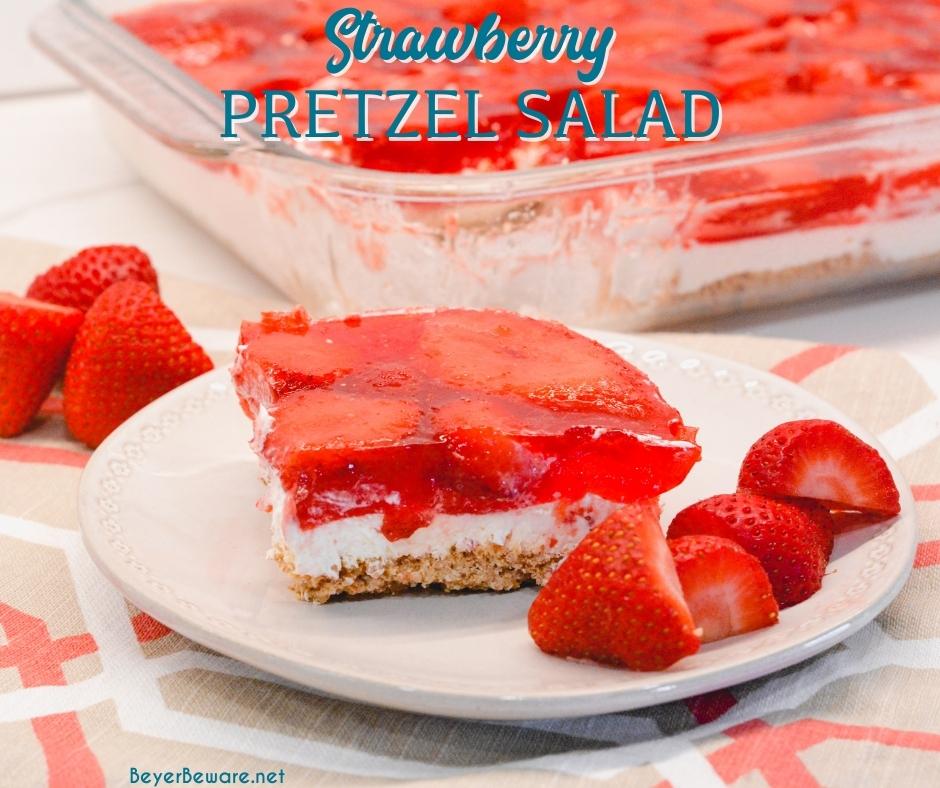 Strawberry Pretzel salad can be a dessert or side made with a sweet and salty pretzel crust, cream cheese center, and strawberry and jello topping.