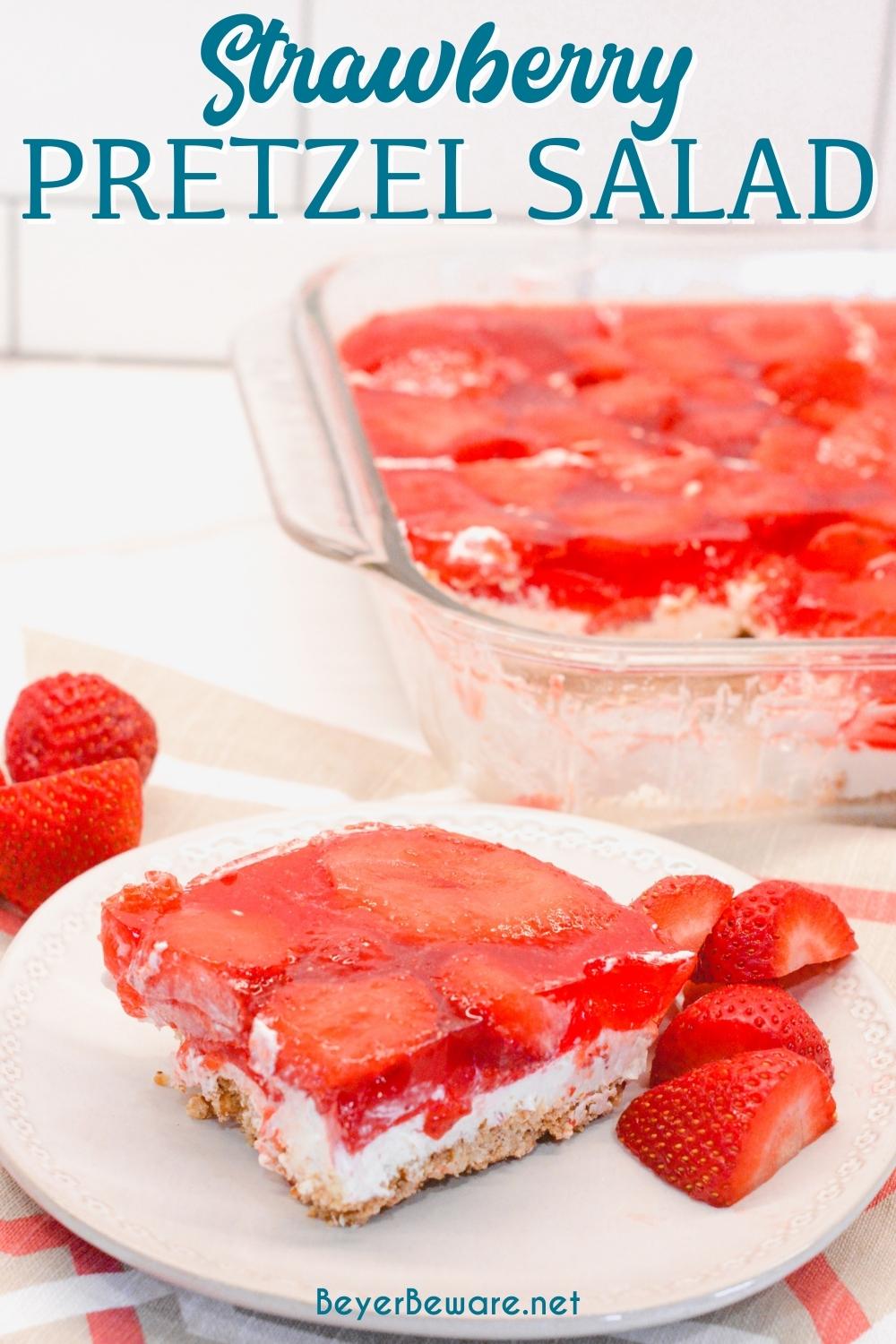 Strawberry Pretzel salad can be a dessert or side made with a sweet and salty pretzel crust, cream cheese center, and strawberry and jello topping.