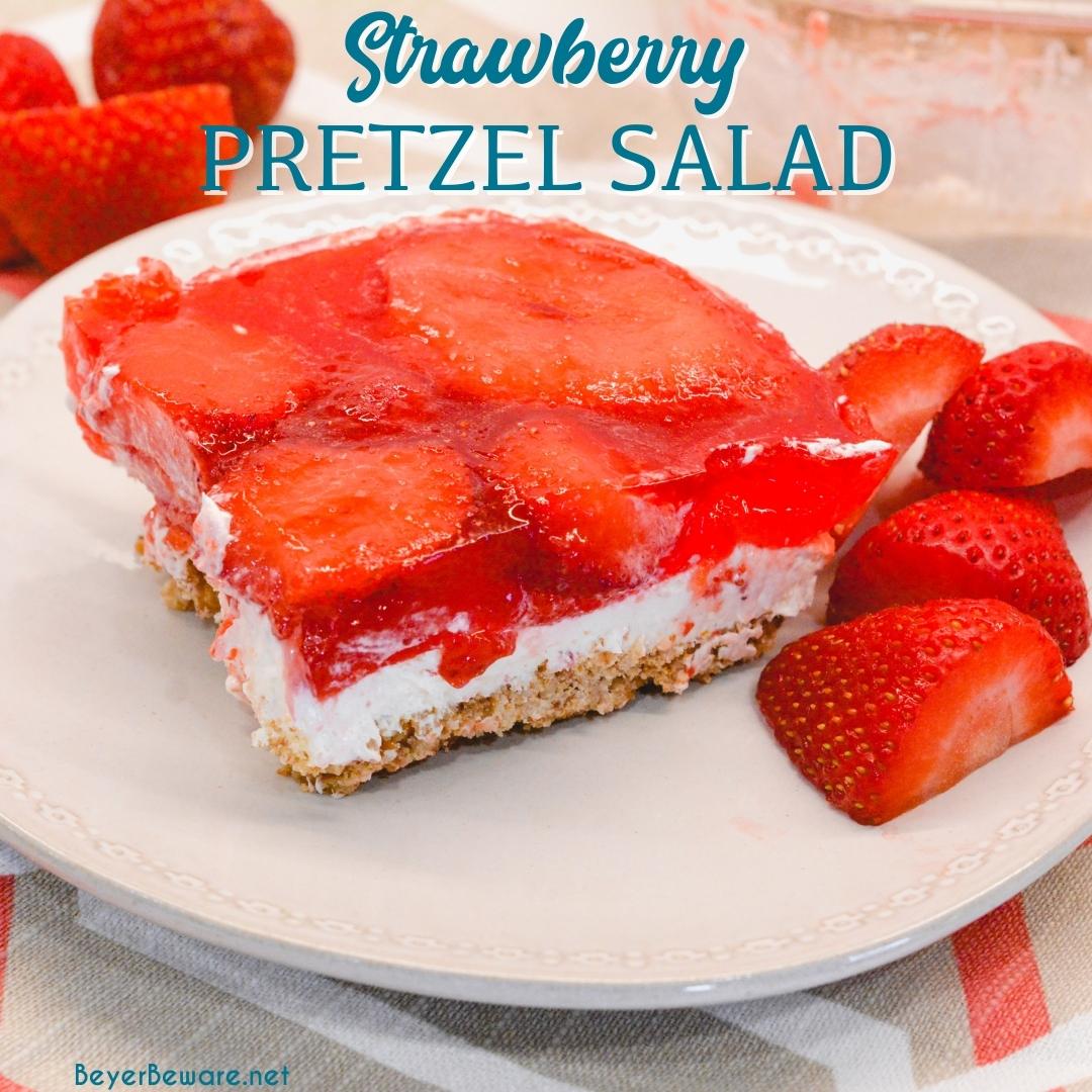 Strawberry Pretzel salad can be a dessert or side made with a sweet and salty pretzel crust, cream cheese center, and strawberry and jello topping.