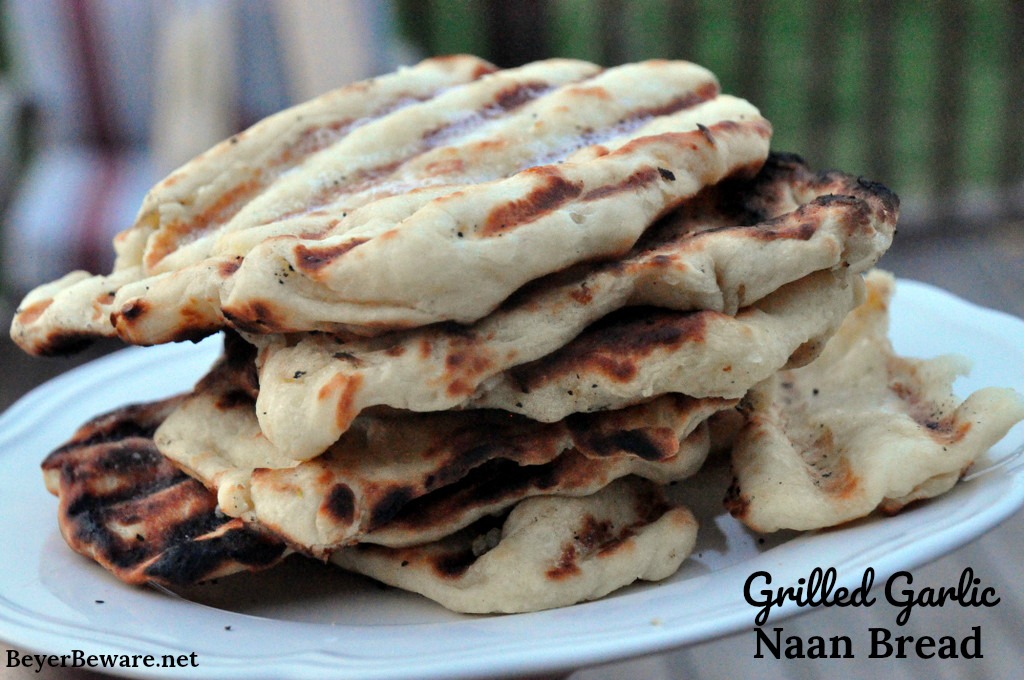 One of our favorite things in the summer is grilled garlic naan bread recipe. It is an easy to make yeast bread and cooks quickly on the grill.
