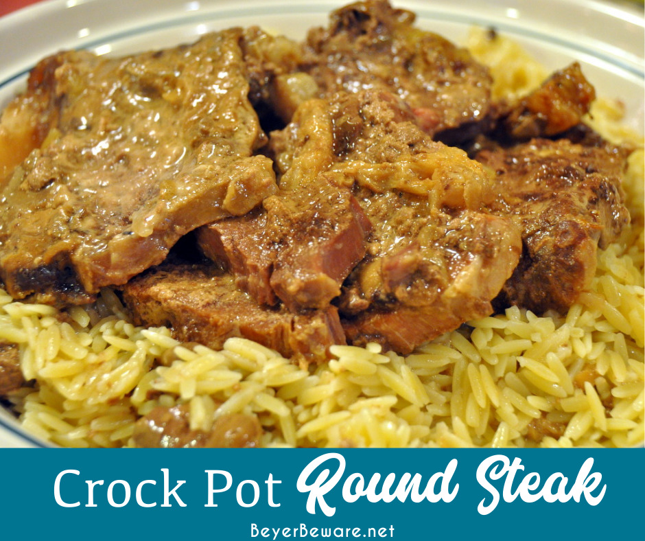 Crock Pot Round Steak with a mushroom cream sauce recipe is a low-cost tender beef dish that was perfect served with pasta or mashed potatoes for an easy weeknight meal.