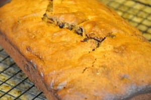 chocolate chip banana bread on rack