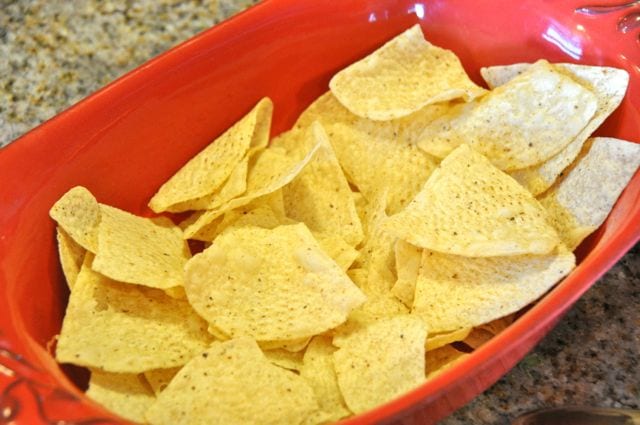Tortilla chips on the bottom of a casserole dish