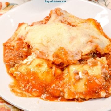Ravioli Lasagna is a 5-ingredient recipe that combines cheese ravioli, ground beef, cheese and spaghetti sauce for an easy weeknight dinner.