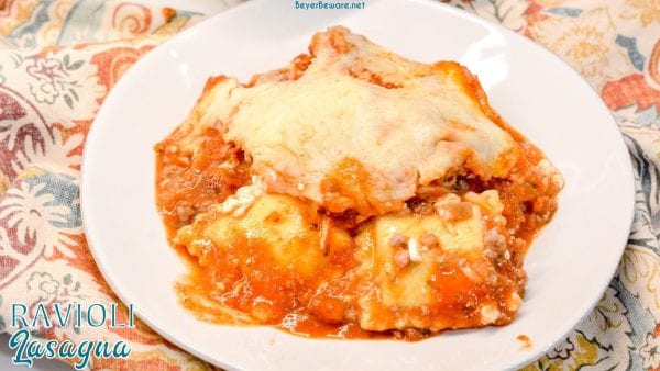 Ravioli Lasagna is a 5-ingredient recipe that combines cheese ravioli, ground beef, cheese and spaghetti sauce for an easy weeknight dinner.