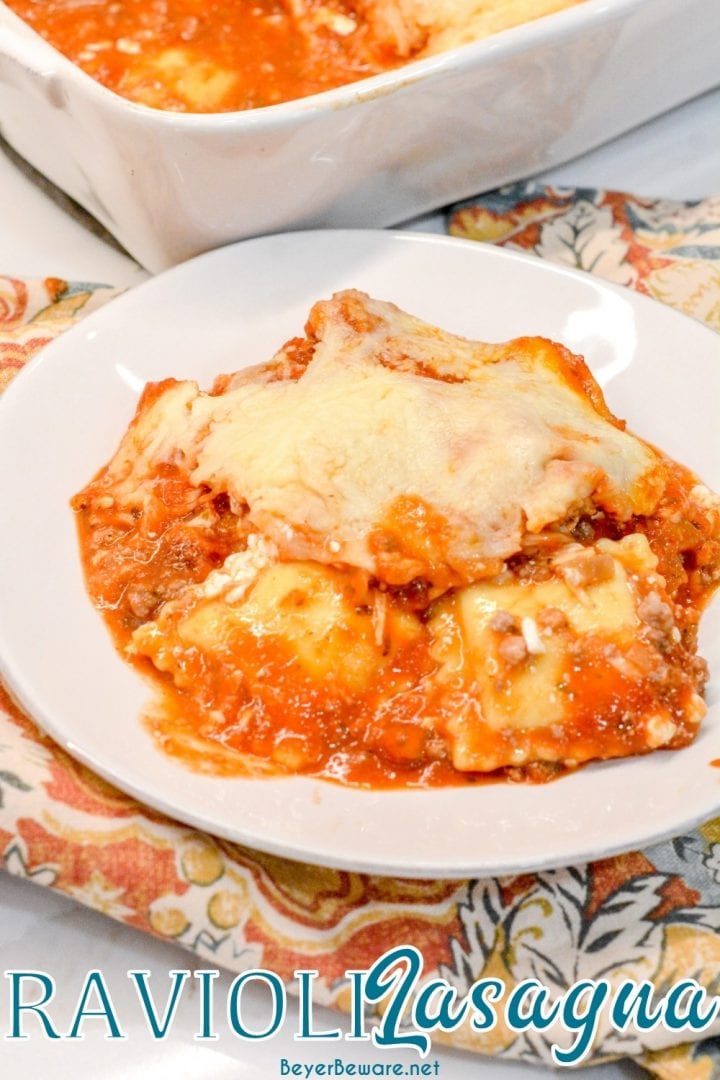 Ravioli Lasagna is a 5-ingredient recipe that combines cheese ravioli, ground beef, cheese and spaghetti sauce for an easy weeknight dinner.