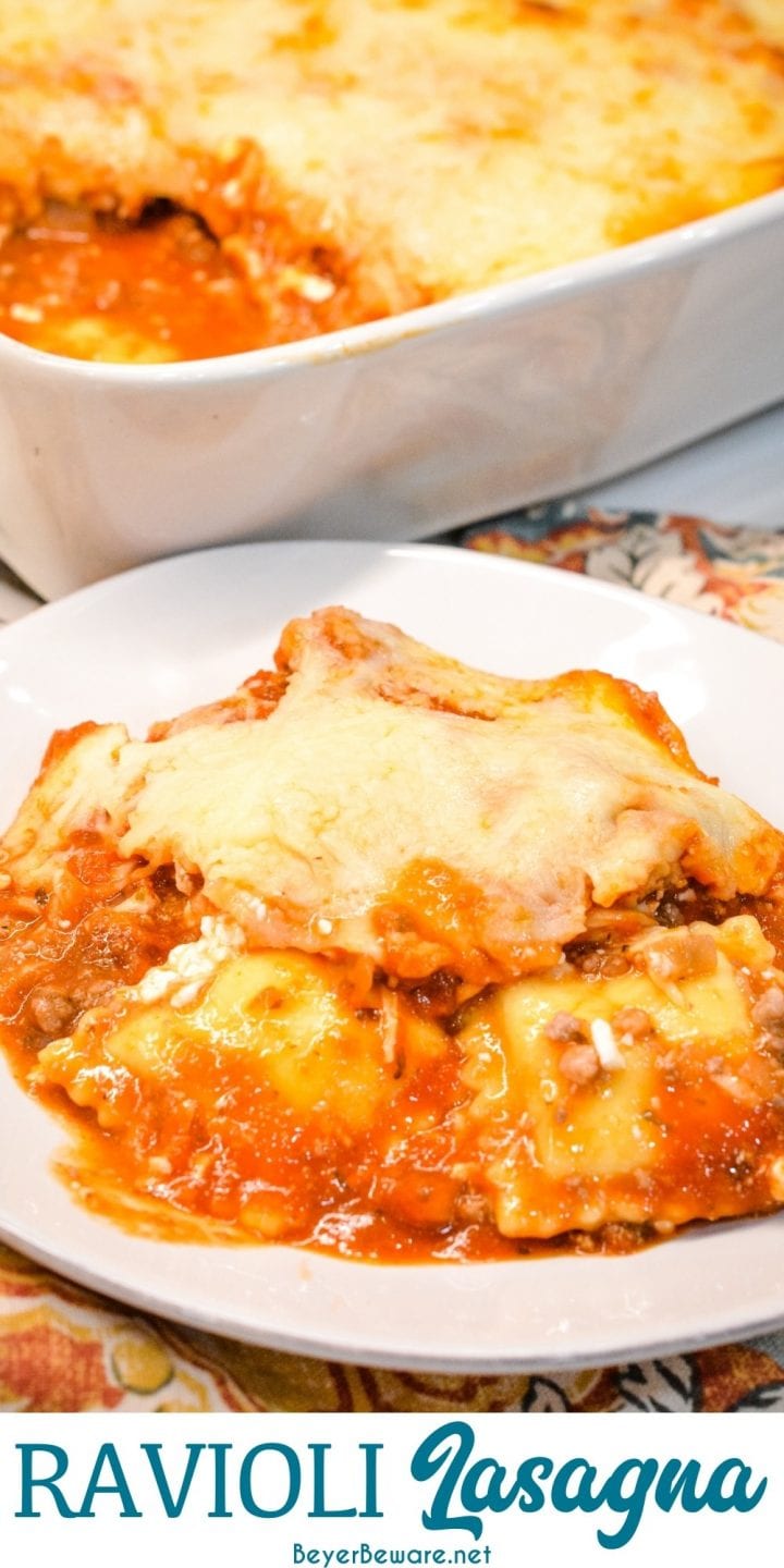 Ravioli Lasagna is a 5-ingredient recipe that combines cheese ravioli, ground beef, cheese and spaghetti sauce for an easy weeknight dinner.