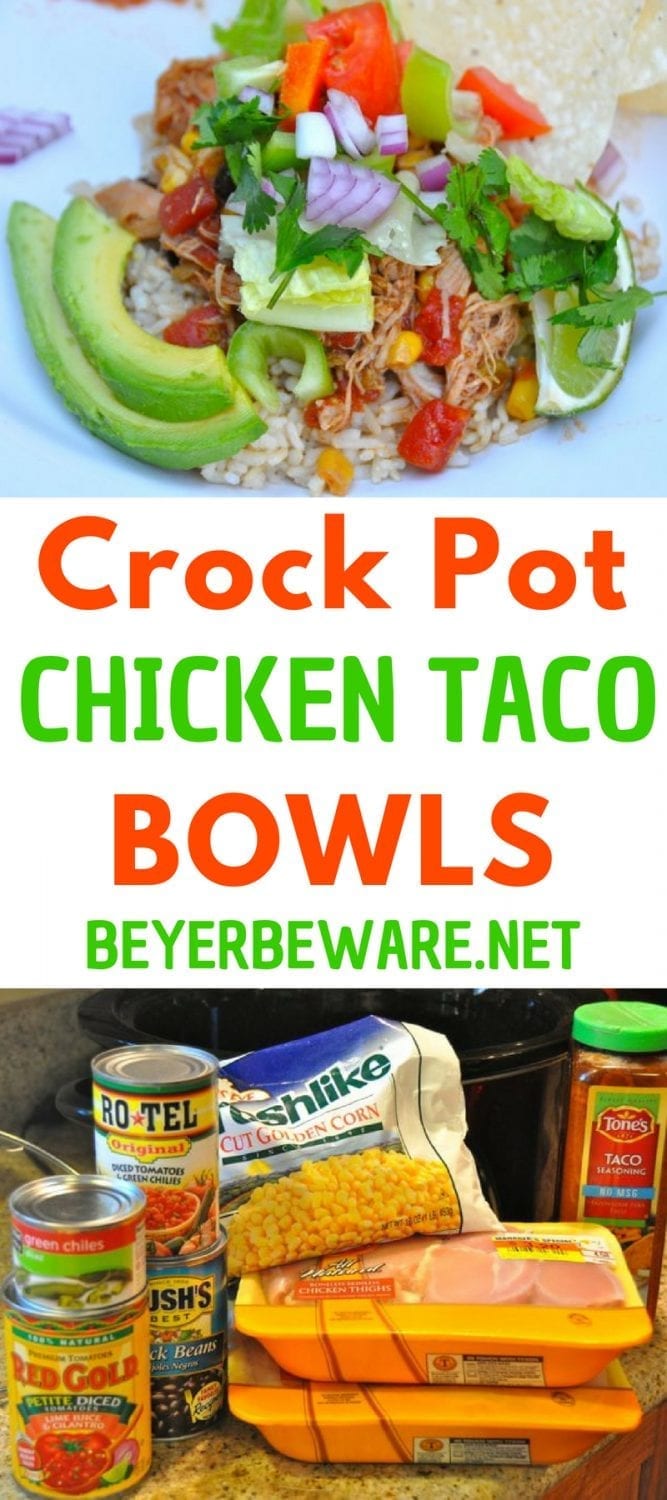 This easy Crock Pot Chicken Taco Bowls recipe that can feed a crowd and is gluten-free. This recipe will be your version of your favorite burrito bowl.