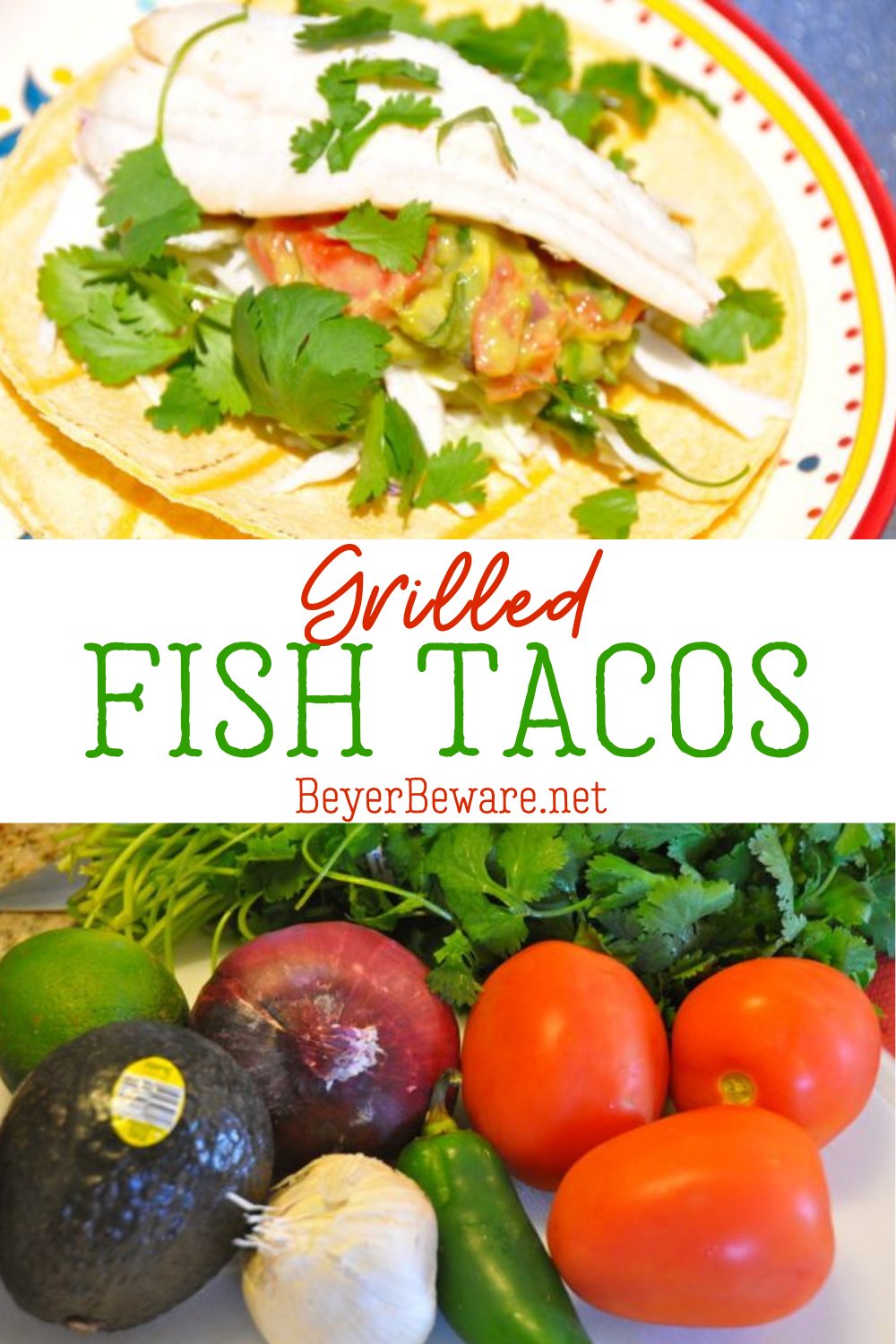 Grilled fish tacos with guacamole is a simple grilled fish recipe that is full of all the summer flavors for a refreshing fish taco with homemade guacamole.