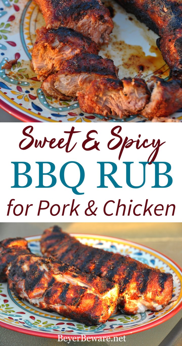 Simple sweet & Spicy Rub for grilling pork and chicken recipe is made with 5 spices you have in your spice cabinet. The most flavorful BBQ chicken and pork straight from the grill with this grilling rub.