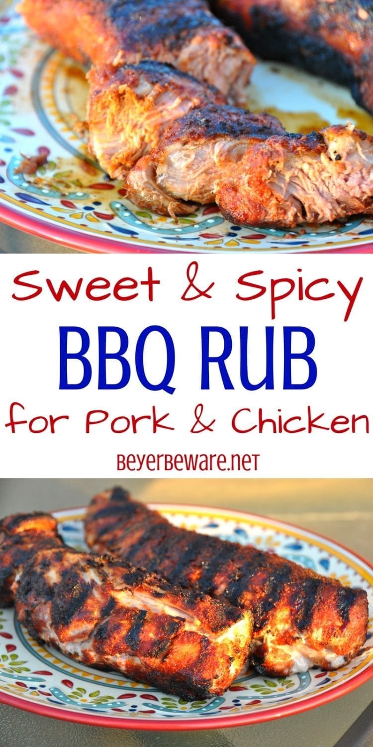 Simple sweet & Spicy Rub for grilling pork and chicken recipe is made with 5 spices you have in your spice cabinet. The most flavorful chicken and pork straight from the grill with this BBQ rub.
