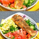 Blackened Fish Taco Salad recipe is a refreshing blend of fresh veggies and grilled white fish for a taco salad and a cilantro lime dressing.