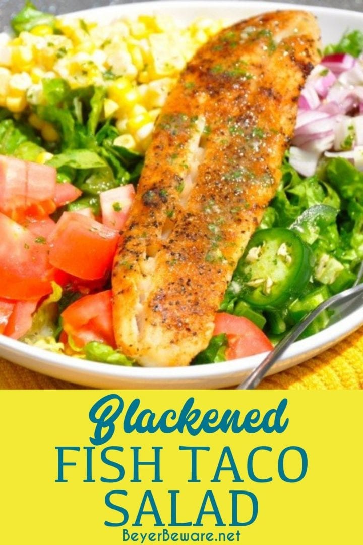 Blackened Fish Taco Salad recipe is a refreshing blend of fresh veggies and grilled white fish for a taco salad and a cilantro lime dressing.