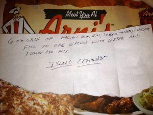 Island Lemonade Recipe Handwritten on restaurant napkin