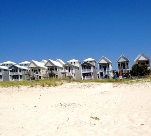 Beach view of skinny houses on St. George Island