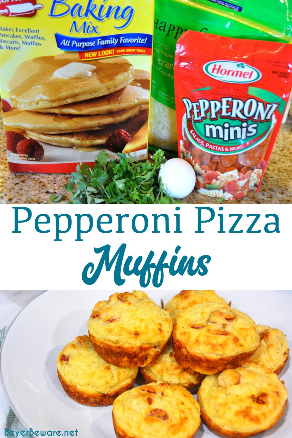Pepperoni pizza muffins is a simple recipe made with lots of biscuit mix, pepperoni and cheese are a great lunch, dinner on the go or even pizza snack.