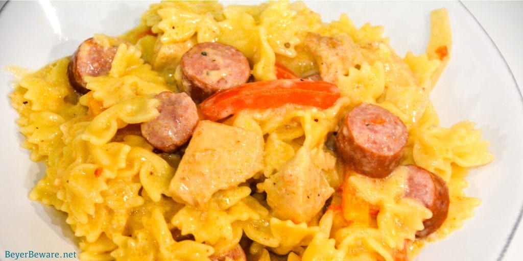 This Cajun chicken and smoked sausage pasta recipe is a quick and easy weeknight dinner since it is made in under 30 minutes and requires opening a bottle of wine.