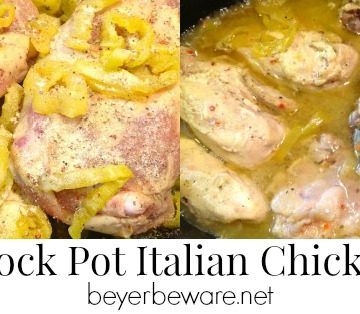 A simple crock pot Italian chicken recipe with three ingredients that is full of flavor and cooks all day in the crock pot.